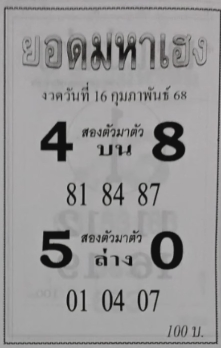 Read more about the article หวยยอดมหาเฮง 16/2/68